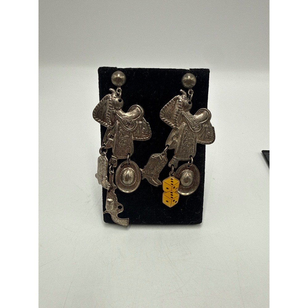Vintage Western Charm Dangle Earrings Silver Tone Saddle Boot Hat Gun Dice